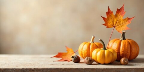 Naklejka premium Autumnal Still Life Featuring Small Pumpkins and Acorns on Rustic Wooden Surface