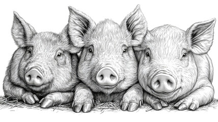 Charming monochrome drawing of three curious piglets lying together, featuring detailed linework on their coats and distinct snouts against contrasting dark void.