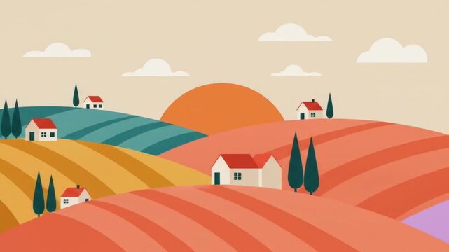 Rural village landscape with small houses on colorful rolling hills and cypress trees at sunset. Countryside illustration concept