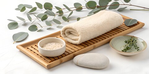Spa arrangement with towel, bowls, stone, and eucalyptus on wooden tray