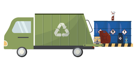 Recycling truck collecting hazardous chemical containers with documentation and barcode tracking for proper waste management compliance. Waste manifest. Legal Tracking Document. Vector illustration