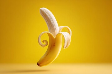 Curled peeled banana floating, yellow background food concept