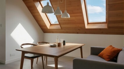 Modern Attic Dining Area with Wooden Table and Skylights