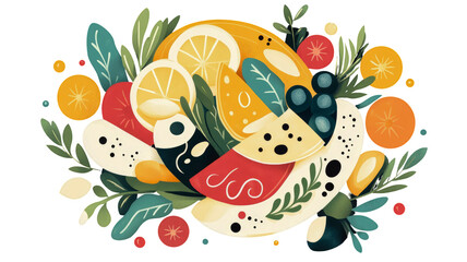 Vibrant flat-design illustration of fresh and diverse food medley featuring juicy citrus, gourmet cheese, ripe grapes, red tomatoes, and assortment of lush green leaves, all artfully arranged on deep 