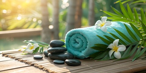 Spa arrangement with towel, stones, and flowers on a bamboo mat outdoors