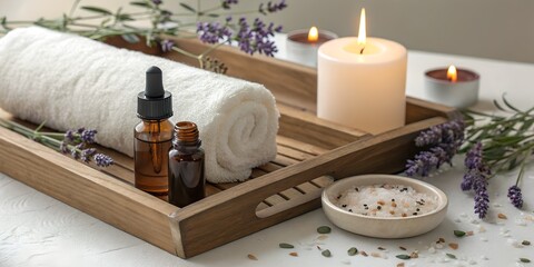 Spa essentials on wooden tray with candles and lavender decoration