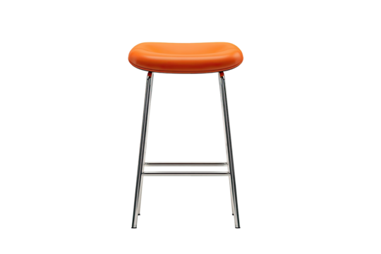 Orange bar stool, front view.  Simple,  modern design.  Smooth, rounded seat.  Metal legs.  Empty