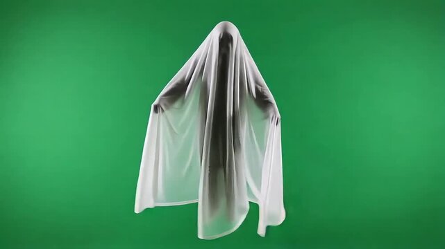 Spooky figure draped in white cloth, appearing to float against a vibrant green background