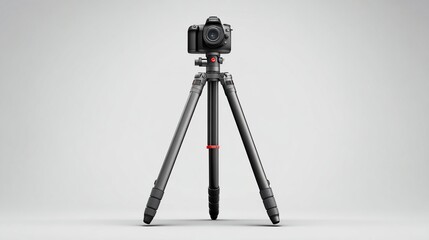 Camera mounted on a tripod, centered on a light grey background in studio lighting