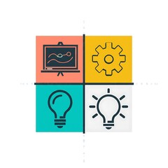 An abstract illustration depicts four colorful squares with icons representing ideas and processes.