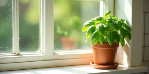 Fototapeta premium A vibrant basil plant thrives in a terracotta pot, basking in the sunlight streaming through a window, its leaves lush and green, a symbol of homegrown freshness and natural beauty.