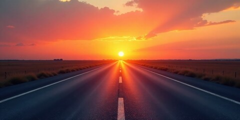 A scenic highway stretches towards a vibrant sunset, promising adventure and the pursuit of dreams on the open road