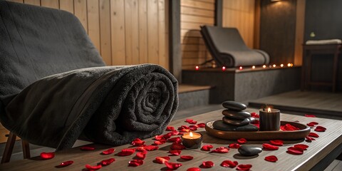 Spa room with towel, stones, candle and rose petals on the wooden table