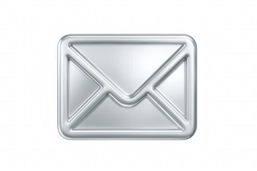 Digital communication symbol: metallic silver email icon gleaming on transparent backdrop, representing modern online messaging and connectivity