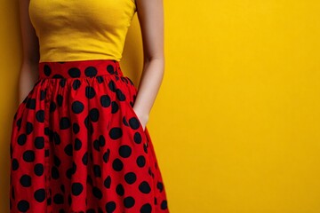 Ladybug print skirt and yellow top close up, yellow background fashion concept