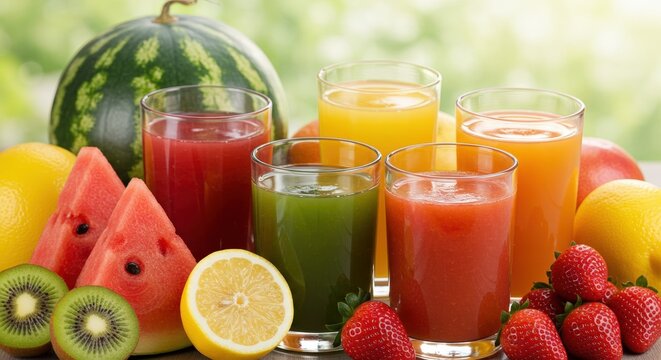 Jus color&eacute;s vifs avec des fruits et des baies, concept de boissons saines et d&rsquo;alimentation &eacute;quilibr&eacute;e
