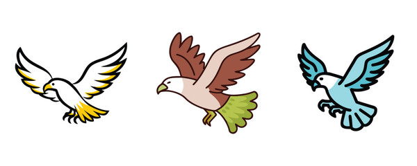 cartoon birds with spread wings flying in different directions on a white background. Flying Eagles Set.