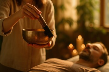 Therapist using Tibetan singing bowl for sound healing therapy with relaxed man in wellness spa