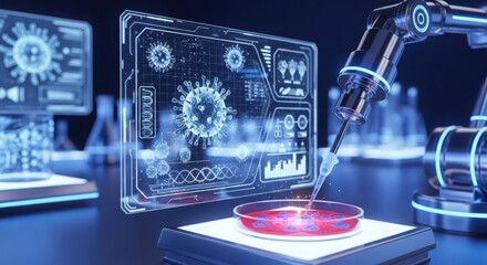 Robotic arm analyzing virus sample on futuristic digital interface