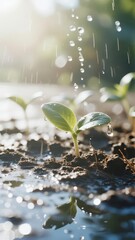 A young plant sprout growing in soil under gentle raindrops, illuminated by sunlight.