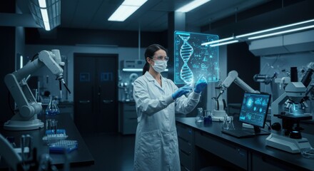 Futuristic Scientist Examining DNA Hologram in Advanced Laboratory.