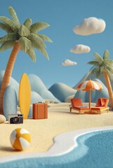 Obraz premium Vibrant tropical beach scene with palm trees, surfboards, and sun loungers under a clear blue sky