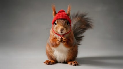Adorable squirrel wearing a red beanie, sitting upright with paws together