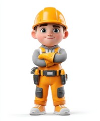 Cute construction worker character wearing orange outfit and helmet stands confidently with arms crossed