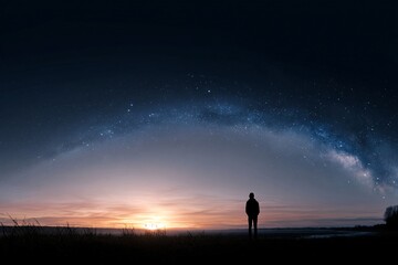 Silhouette of person under stars, vast night sky concept