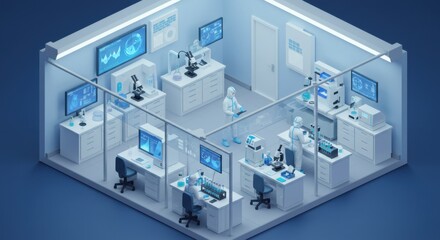 Obraz premium Isometric view of a modern high-tech scientific research laboratory with advanced equipment and data analysis stations.