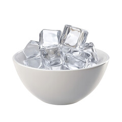 White bowl filled with clear ice cubes frozen water isolated on a transparent background
