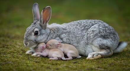 Fototapeta premium Gray rabbit with newborn baby bunnies