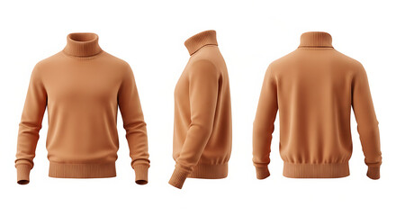 Caramel Brown Turtleneck Sweater Mockup, Front, Side, and Back Views Isolated on White Background