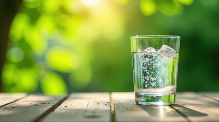 Refreshing Sparkling Water in a Glass on Wooden Table Outdoors