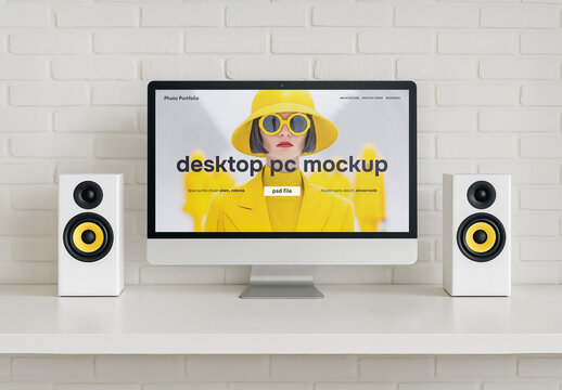 Modern front view desktop screen design mockup on white brick wall