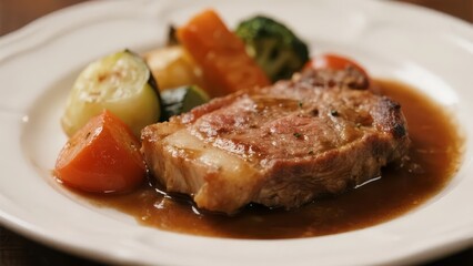 Grilled Steak with Vegetables and Brown Gravy on a White Plate