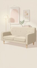A light-filled living room scene, featuring a beige couch, artistic abstract wall art, and soft pastel colors.