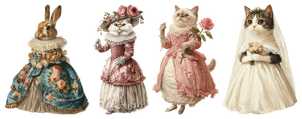 PNG Victorian animals in elegant attire, element set on transparent background