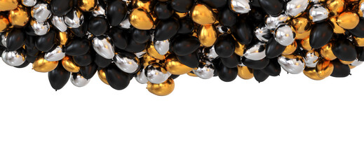 plein de ballons à l'hélium au plafond pour fête du nouvel an, décoration de flyer, haut de page - rendu 3D sur fond transparent