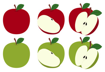 Collection of Red Green Apple with Half and Quarter Cut Showing Seeds