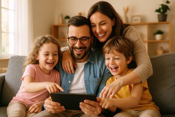 Happy family with two kids enjoying time together at home using digital tablet