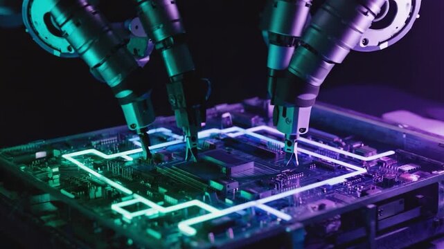 Robotic arms manipulate a circuit board