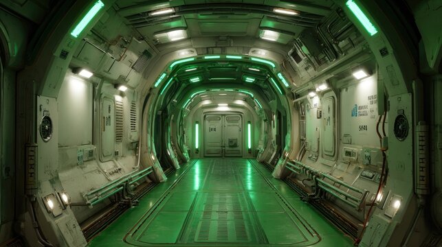 Sci-fi tunnel, green lights, futuristic