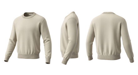 Beige Crew Neck Sweater Mockup, Front, Side, and Back Views