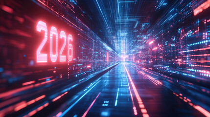 Futuristic digital 2026 visualization highlighting technology, innovation, financial trends, and progress in a modern virtual landscape, symbolizing future growth, economy, 