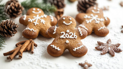 Gingerbread cookies with 2026 numbers with Merry Christmas theme, isolated on white background, symbolizing festive holiday celebration, New Year, winter season, and Christmas card