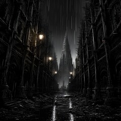 Obraz premium Dark alley at night with glowing lights, noir cinematic scene.