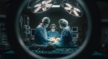 Medical professionals conducting a critical surgical procedure in a sterile operating room under bright lights.