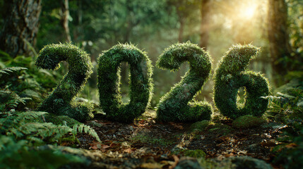 3D green numbers 2026 placed on a lush green grass lawn under a clear sky, symbolizing the new year, fresh beginnings, eco-friendly lifestyle, nature connection, and environmental awareness.