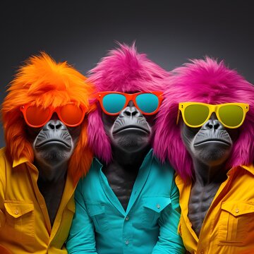 Two funny gorillas wearing neon sunglasses, comic pop art animal portrait with bright tropical summer vibe.